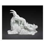 A MEISSEN LARGE WHITE FIGURE OF A NANNY-GOAT WITH KID (CAPRA) 20TH CENTURY