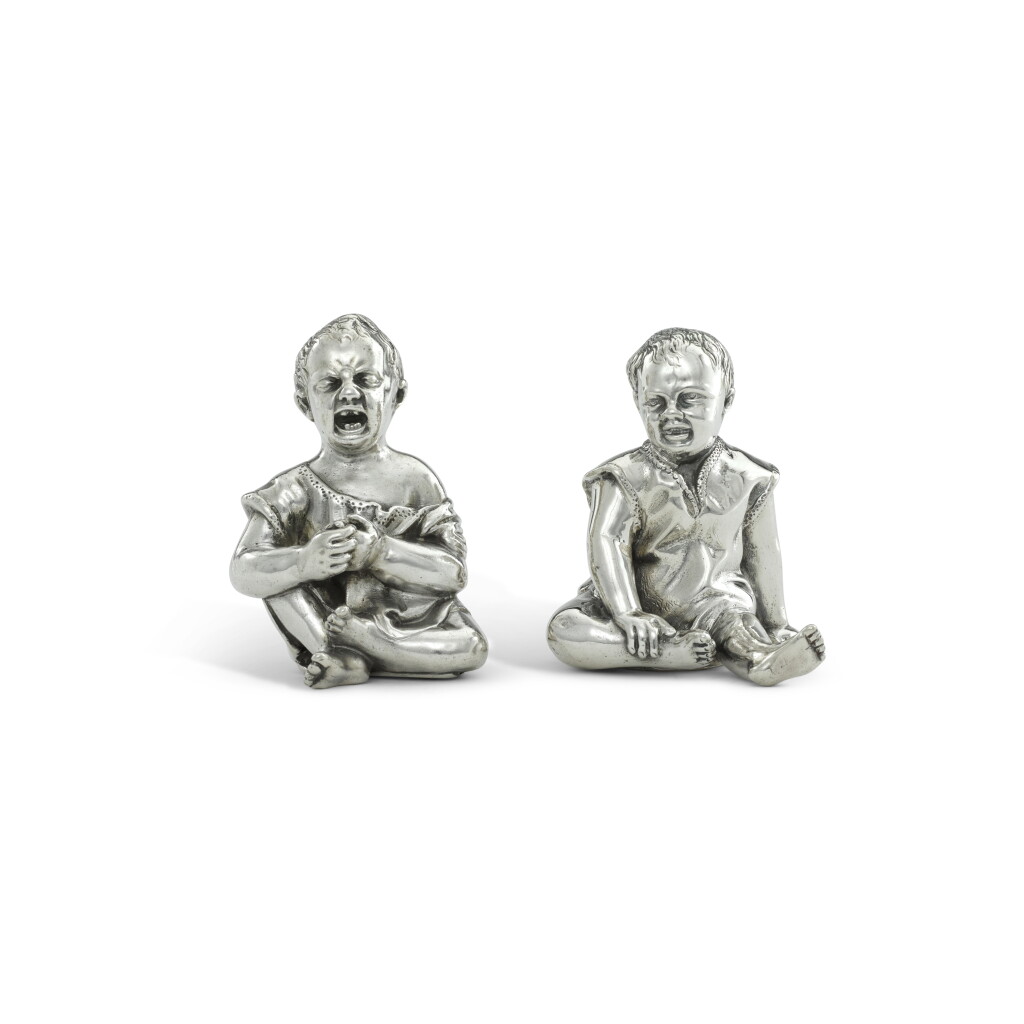 View full screen - View 1 of Lot 204. A pair of Victorian novelty silver 'baby' salt and pepper shakers, Thomas Johnson, London, 1886.