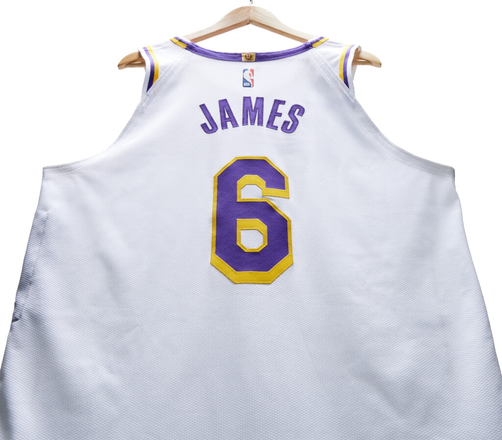 View full screen - View 1 of Lot 3. LeBron James Los Angeles Lakers 2022-2023 Game Worn Away Jersey.