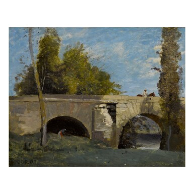 View full screen - View 1 of Lot 55. JEAN-BAPTISTE-CAMILLE COROT | MANTES- DEUX ARCHES DU PONT AVEC UN CAVALIER.
