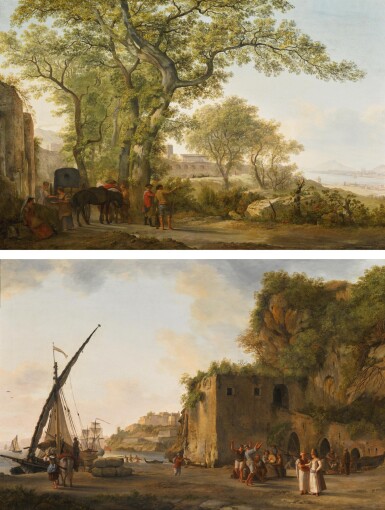 View full screen - View 1 of Lot 176. ABRAHAM-LOUIS-RODOLPHE DUCROS | The Via Appia near Formia, with travellers and peasants by the walls of Castellone(?), the bay of Gaeta and Mount Circeo beyond; and A port with Maltese merchants and sailors, the fort of Gaeta beyond.