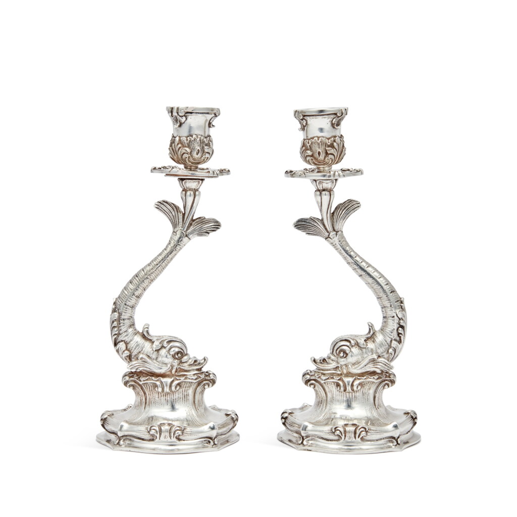 View full screen - View 1 of Lot 468. A Pair of Italian Silver Dolphin Candlesticks, Buccellati, Milan, 20th Century.