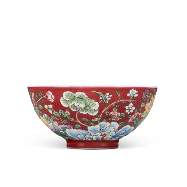 View full screen - View 1 of Lot 104. A fine and extremely rare imperial ruby-ground 'yangcai' 'floral' cup, Yongzheng yuzhi mark and period .