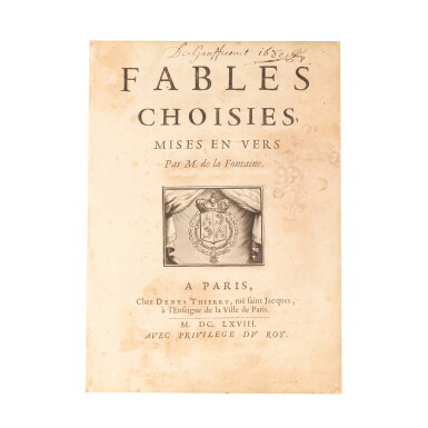 View full screen - View 1 of Lot 9. Fables choisies. Paris, 1668. In-4. Reliure de l'époque. Édition originale..