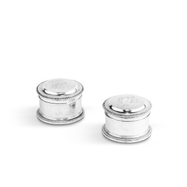 View full screen - View 1 of Lot 82. A pair of Belgian silver toilet boxes, Tournai, 1727-1730, maker’s marks with a trilobed leaf.