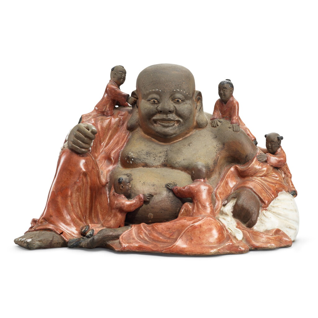 View full screen - View 1 of Lot 3012. A Shiwan pottery figure of laughing Buddha, Signed Pan Yushu, Republican period 民國 石灣多子佛像 《潘玉書製》款.