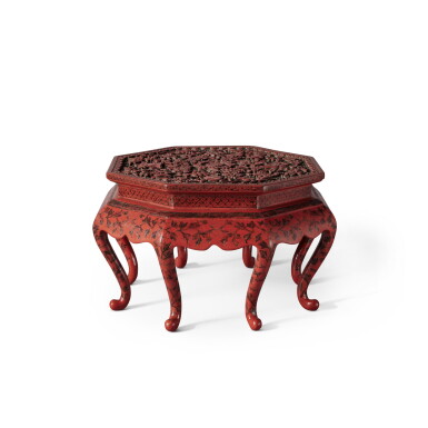 View full screen - View 1 of Lot 207. A rare carved cinnabar lacquer and 'tianqi' 'precious emblems' octagonal stand, Late Ming dynasty | 明末 剔紅八吉祥紋填漆八方几.