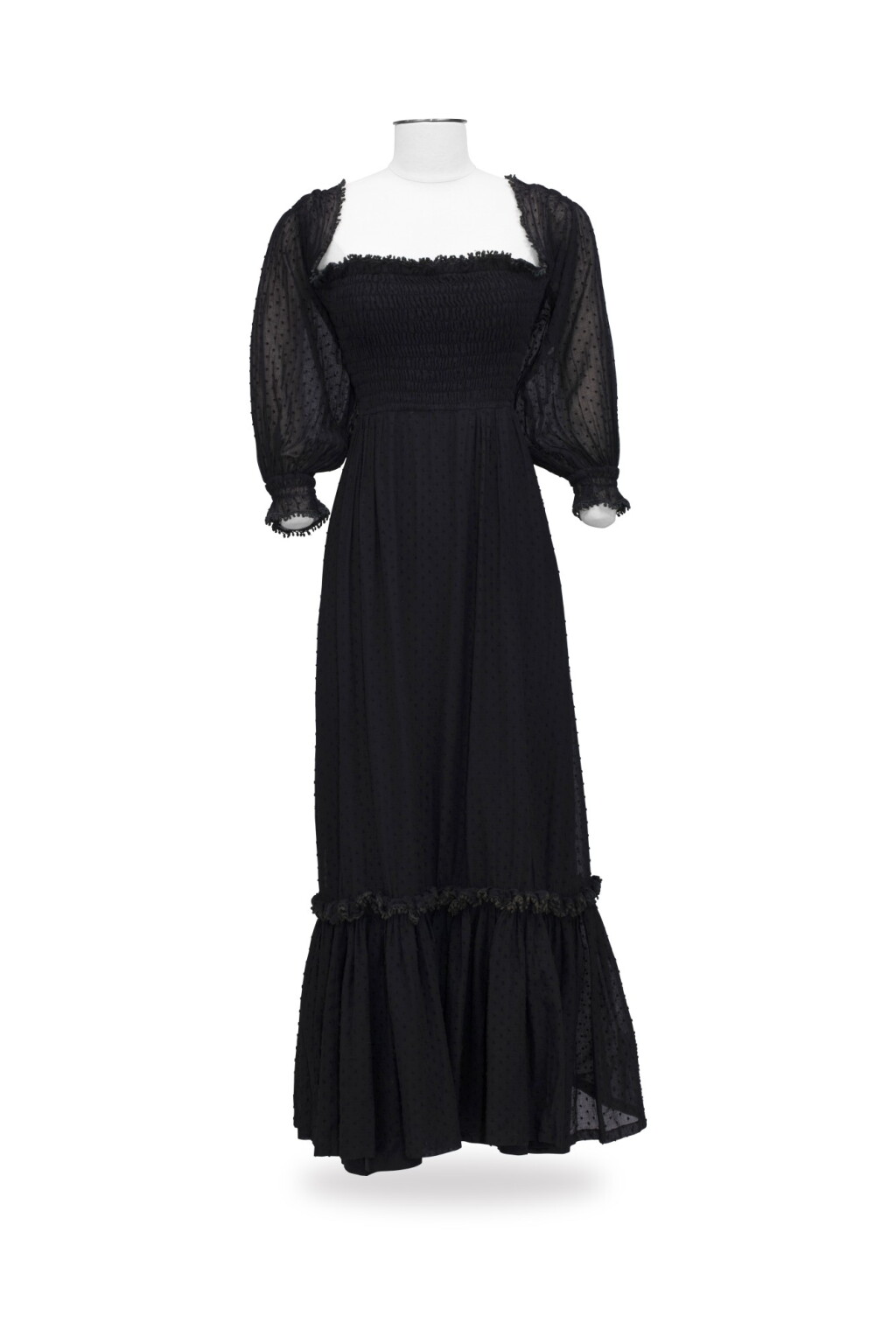 View full screen - View 1 of Lot 98. Unlabeled, circa 1976, Gathered muslin dress with boatneck | Sans griffe, Robe longue en mousseline froncée, à décolleté bateau.