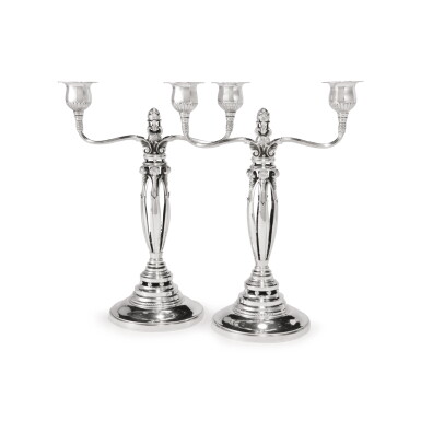 View full screen - View 1 of Lot 8. A PAIR OF DANISH SILVER TWO-LIGHT CANDELABRA, NO. 481A, GEORG JENSEN SILVERSMITHY, COPENHAGEN, CIRCA 1945-77.