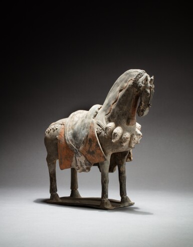 View full screen - View 1 of Lot 3. A painted pottery figure of a caparisoned horse, Northern Wei dynasty | 北魏 陶加彩馬.
