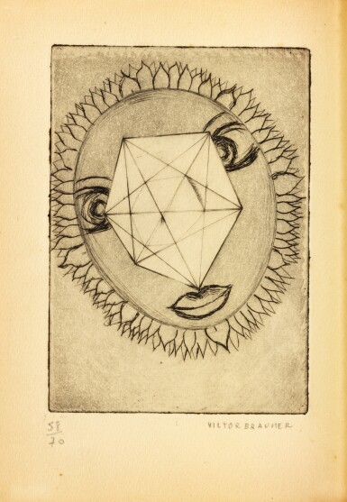 View full screen - View 1 of Lot 23. Frappe de l’Echo. Éditions Surréalistes, 1940. Eau-forte de Brauner. Exemplaire d'André Masson sur papier vert..