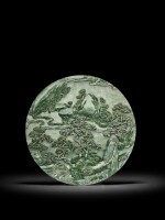 A spinach-green jade 'landscape' circular table screen, Qing dynasty, Qianlong period | 清乾隆 碧玉山水紋圓插屏