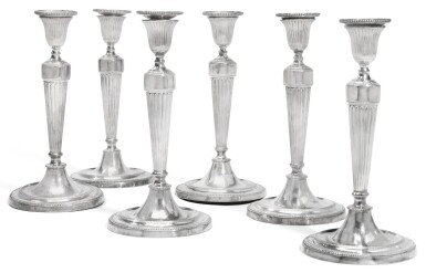 View full screen - View 1 of Lot 127. A SET OF SIX GEORGE III SILVER CANDLESTICKS, JOHN WINTER & CO, SHEFFIELD, 1780.