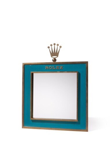 View full screen - View 1 of Lot 460. A gilt brass and green enamel retailer's display mirror with wooden back, Circa 1960.