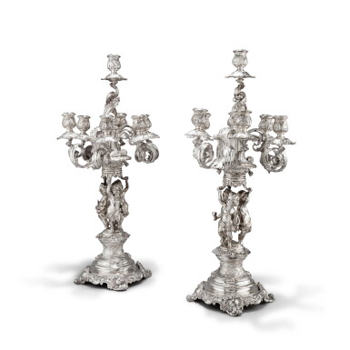 View full screen - View 1 of Lot 376. A pair of German silver 7-light candelabra, circa 1900 | Paire de chandeliers à 7 lumières en argent, Allemagne, vers 1900.