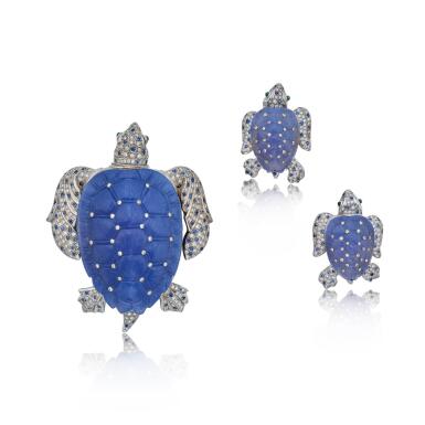 View full screen - View 1 of Lot 34. Silver, Diamonds and Sapphires Turtle Jewelry Suite.