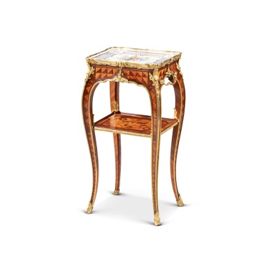 View full screen - View 1 of Lot 33. A Louix XV gilt-bronze-mounted parquetry and marquetry table en chiffonnière by Bernard van Risen Burgh, circa 1760.