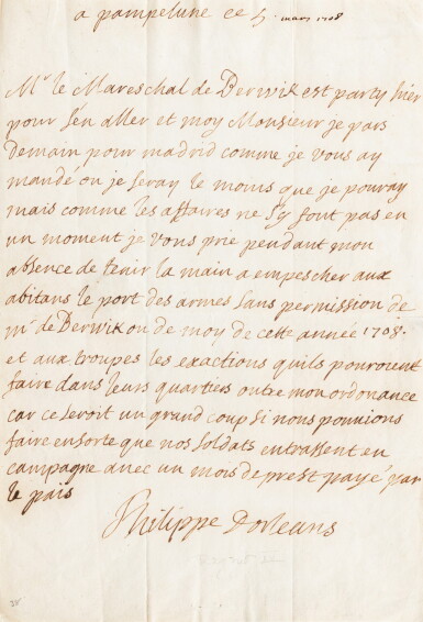View full screen - View 1 of Lot 20. Lettre autographe signée à M. d'Avaray. Pampelune 5 mars 1708..