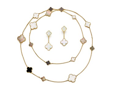 View full screen - View 1 of Lot 1662. 'Magic Alhambra' Mother-of-Pearl and Onyx Necklace and 'Alhambra' Pair of Mother-of-Pearl Pendent Ear Clips | 'Magic Alhambra' 貝母 配 縞瑪瑙 項鏈 及 'Alhambra' 貝母耳夾一對.