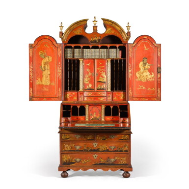 View full screen - View 1 of Lot 37. A George I gilt and scarlet-japanned bureau-cabinet, circa 1720, in the manner of John Belchier.