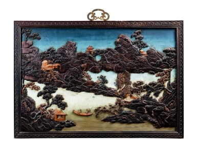 View full screen - View 1 of Lot 90. Important panneau impérial en bois laqué incrusté de jade et de buis dans un cadre en zitan Dynastie Qing, époque Qianlong | 清乾隆 紫檀嵌黃楊木雕泛舟圖掛屏 | An important zitan framed, jade and wood inlaid Imperial 'landscape' panel, Qing Dynasty, Qianlong period.