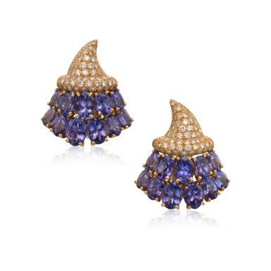 View full screen - View 1 of Lot 285. Pair of Tanzanite and Diamond 'Cornucopia' Earclips.