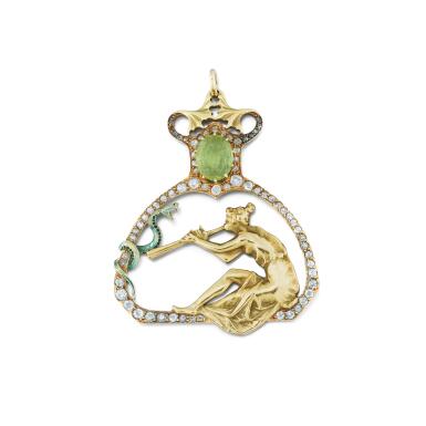 View full screen - View 1 of Lot 20. Enamel, peridot and diamond pendant .