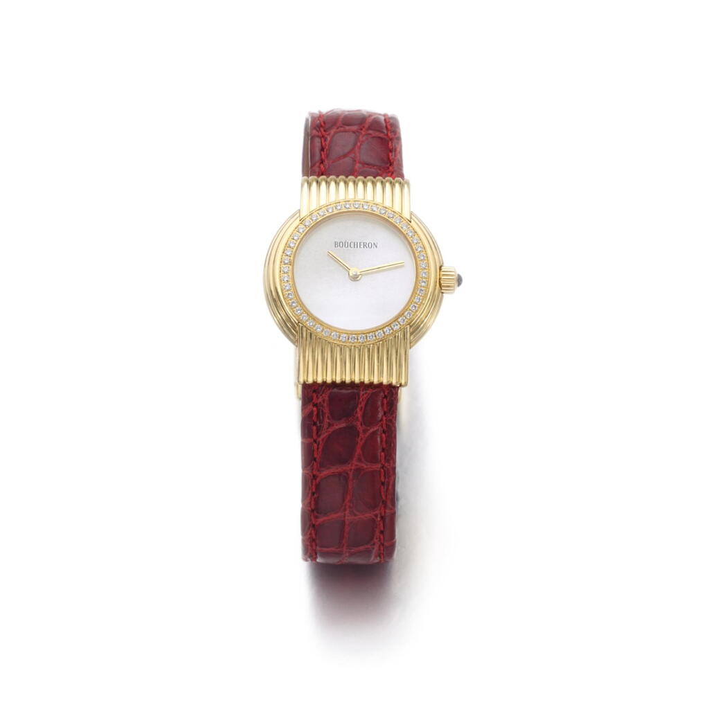 View full screen - View 1 of Lot 11. LADY'S MOTHER-OF-PEARL AND DIAMOND WRISTWATCH, BOUCHERON.