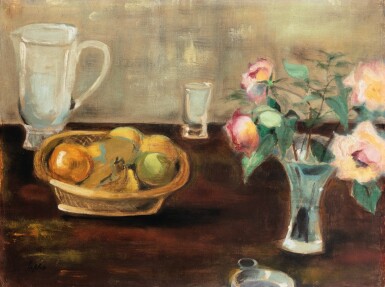 View full screen - View 1 of Lot 87. Nature morte aux fleurs et à la coupe de fruit.