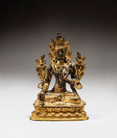 View full screen - View 1 of Lot 58. A gilt-bronze figure of White Tara, Qing dynasty, 18th century | 清十八世紀 鎏金銅白度母坐像.