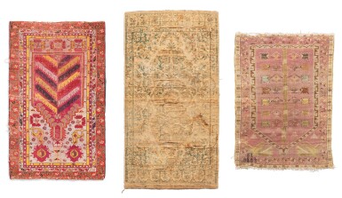 View full screen - View 1 of Lot 383. Lot including an Ottoman velvet carpet, probably Hereke manufacture, 19th century, and two Ghiordès and Kershehir carpets, Western Anatolia, 19th century.