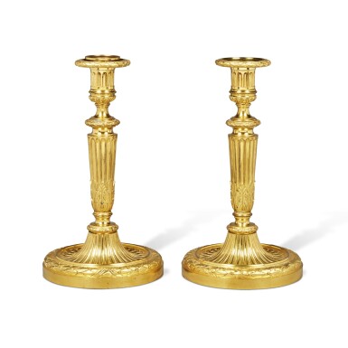 View full screen - View 1 of Lot 1113. A Pair of Louis XVI Style Gilt-Bronze Candlesticks, by Henri Dasson, Circa 1886.