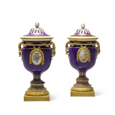 View full screen - View 1 of Lot 569. A pair of Sèvres gilt-bronze mounted blue nouveau vases and covers, circa 1770-1775.