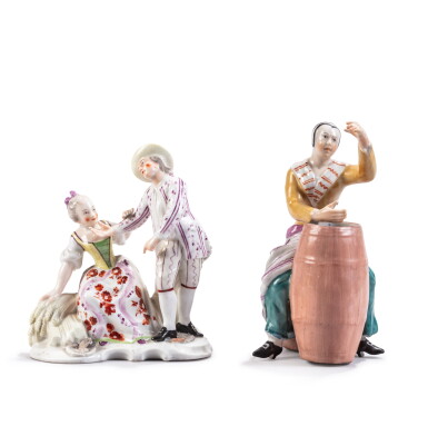View full screen - View 1 of Lot 786. A Thuringian porcelain figure of a farmer's wife with a barrel and a Kloster Veilsdorf porcelain allegorical figure group, emblematic of Summer, circa 1765-80.