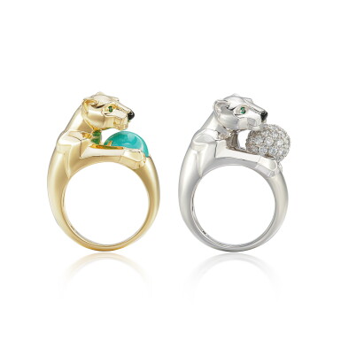 View full screen - View 1 of Lot 620. 'Panthère Vedra' Set of Gem Set and Diamond Rings | 卡地亞 | 'Panthère Vedra' 寶石 及 鑽石 戒指二枚.