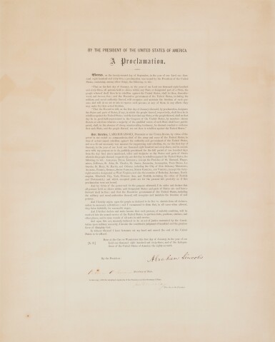 View full screen - View 1 of Lot 26. Lincoln, Abraham | The "Authorized Edition" of the Emancipation Proclamation, signed by President Abraham Lincoln.