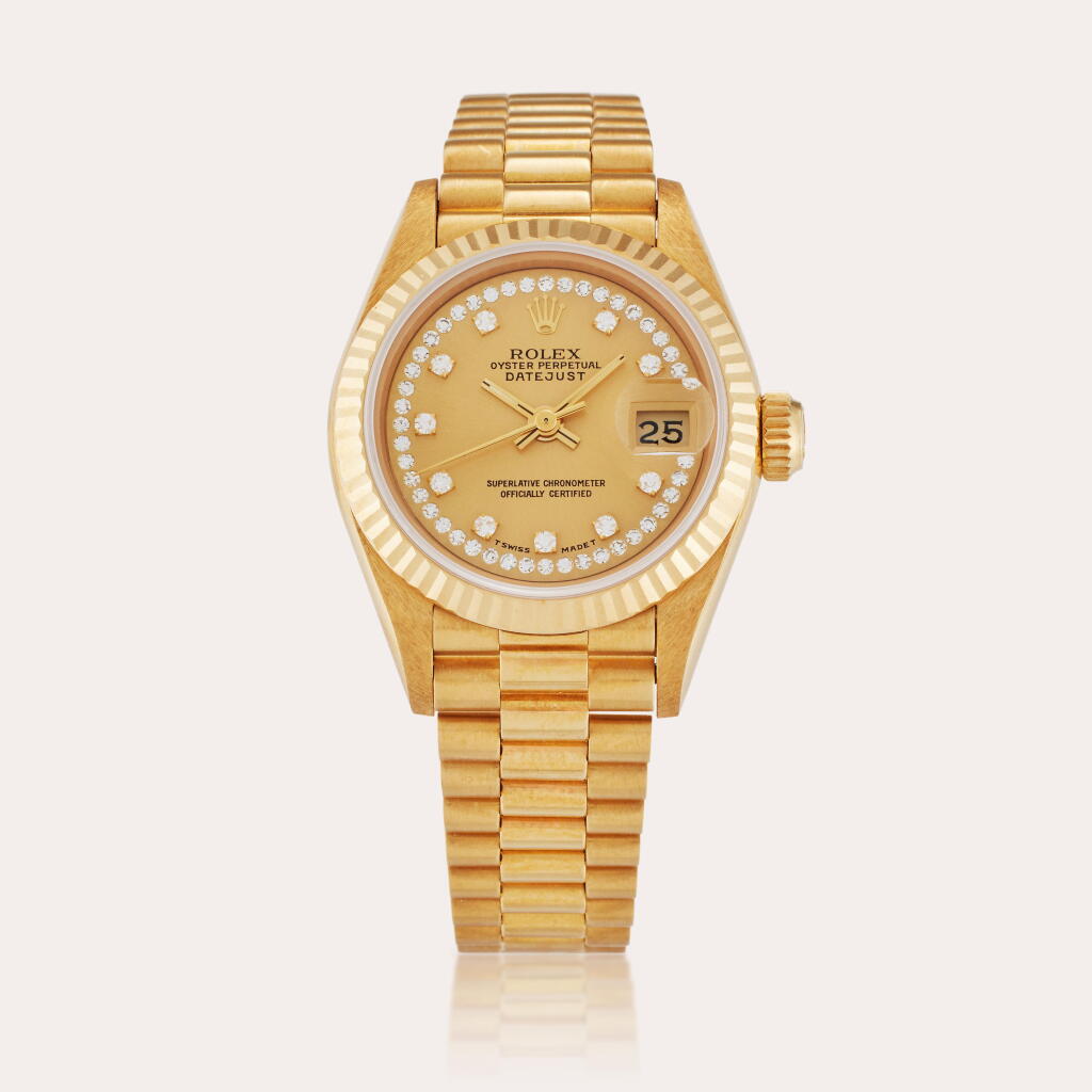 View full screen - View 1 of Lot 80. Reference 69178 Datejust | A yellow gold and diamond-set automatic wristwatch with date and bracelet, Circa 1986.