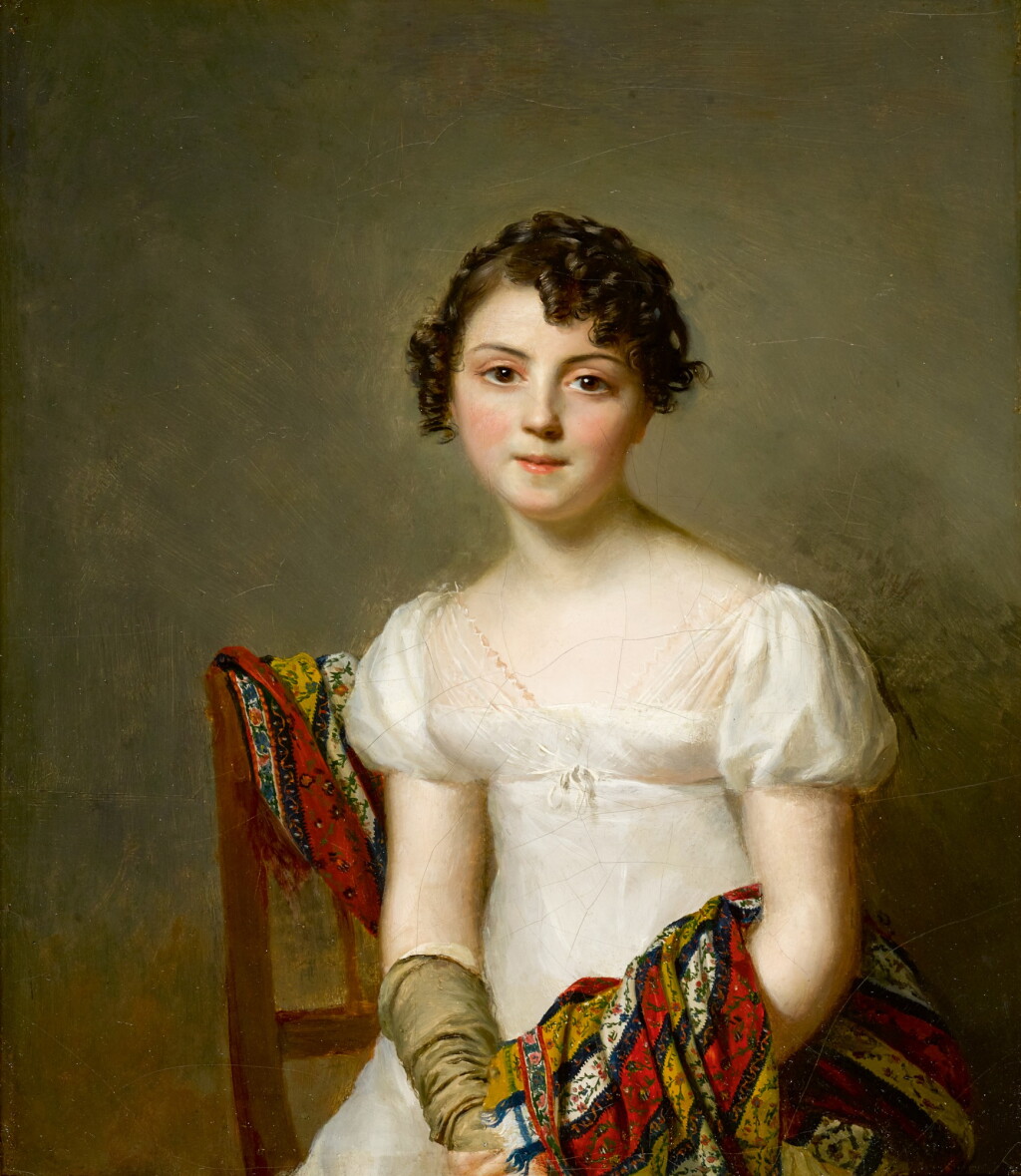 View full screen - View 1 of Lot 175. FIRMIN MASSOT | PORTRAIT OF ANDRIENNE-CONSTANCE BOURDILLON (1792–1836), HALF-LENGTH, IN A WHITE DRESS.