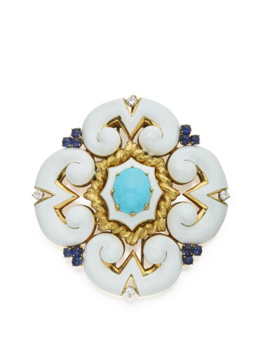 View full screen - View 1 of Lot 3. DAVID WEBB | GOLD, ENAMEL AND GEM-SET 'HERALDIC' PENDANT-BROOCH.