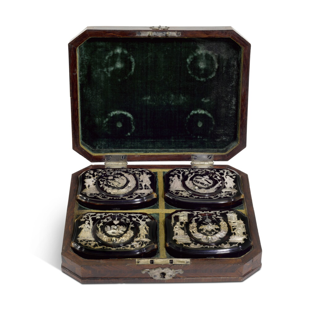 View full screen - View 1 of Lot 169. A set of four silver-inlaid tortoiseshell counter boxes, probably German, circa 1720.
