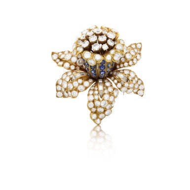 View full screen - View 1 of Lot 268. Sapphire and diamond brooch, 1960s.