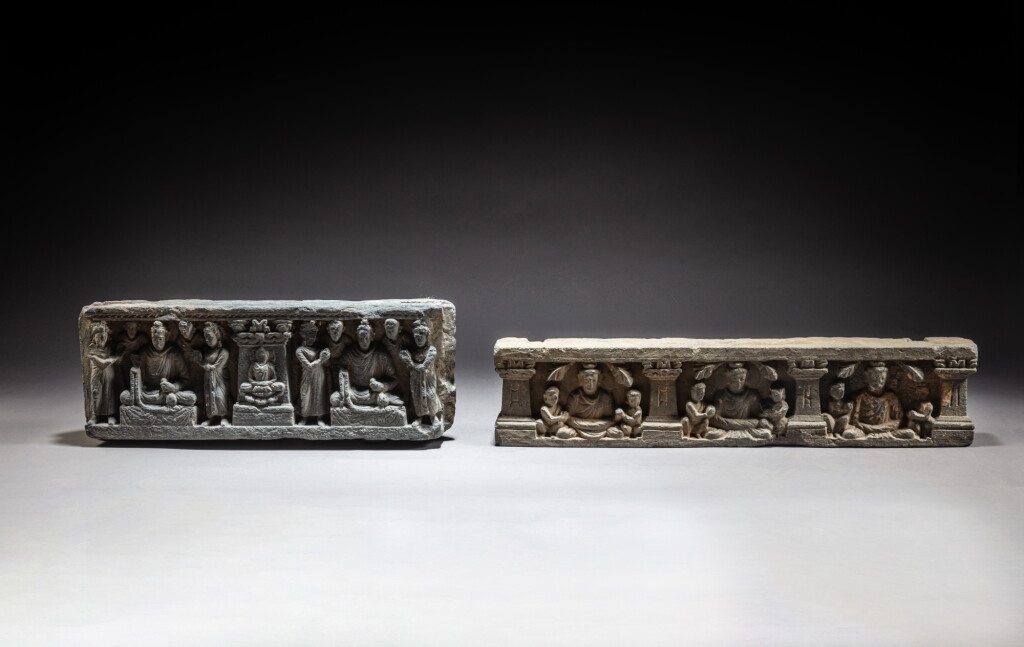 View full screen - View 1 of Lot 101. Two gray schist panels depicting seated Buddhas, Ancient region of Gandhara, circa 2nd / 4th century | 犍陀羅 約二 / 四世紀 灰片岩雕佛板一組兩件.