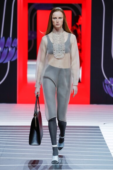 View full screen - View 1 of Lot 16. PRADA | SHEER SILK ORGANZA DRESS AND LOUISE LEATHER TOTE BAG, WORN BY RIANNE VAN ROMPAEY. UNIQUE DRESS NOT IN THE STORES.