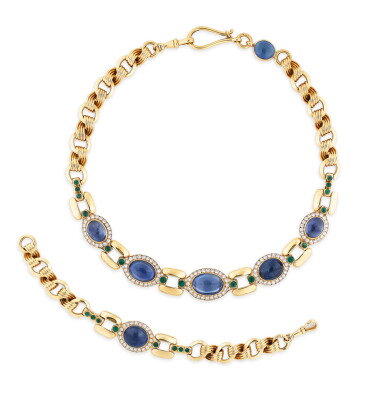 View full screen - View 1 of Lot 470. Sapphire, emerald and diamond demi-parure.