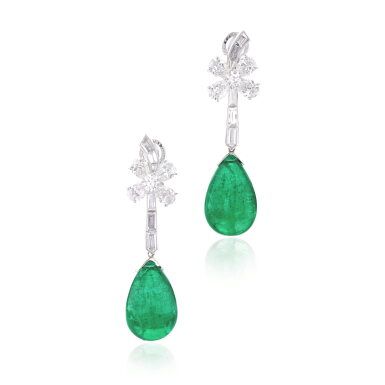 View full screen - View 1 of Lot 908. Pair of emerald and diamond ear clips.