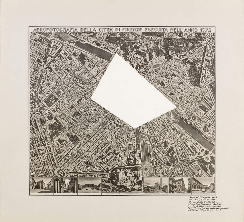 View full screen - View 1 of Lot 43. R595: Photo of Florence with / the area between the / Piazza della Unita Italiana, / Chiesa San Frediano, Centro Di / and the Porticato dell’Ospedale / di S. Maria Nuova removed, 1975.