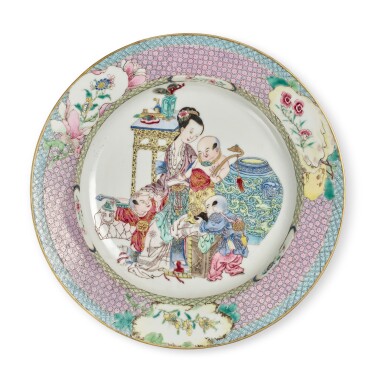 View full screen - View 1 of Lot 151. A Finely Painted and Rare Chinese Ruby-Back Famille-Rose 'Lady and Boys' Dish, Qing Dynasty, Yongzheng Period | 清雍正 外胭脂内粉彩仕女嬰戯圖盤.