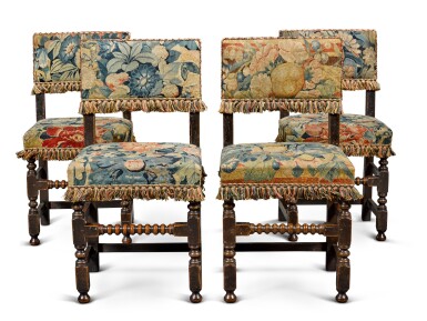 View full screen - View 1 of Lot 26. A set of four Charles II oak and tapestry covered chairs, circa 1670.