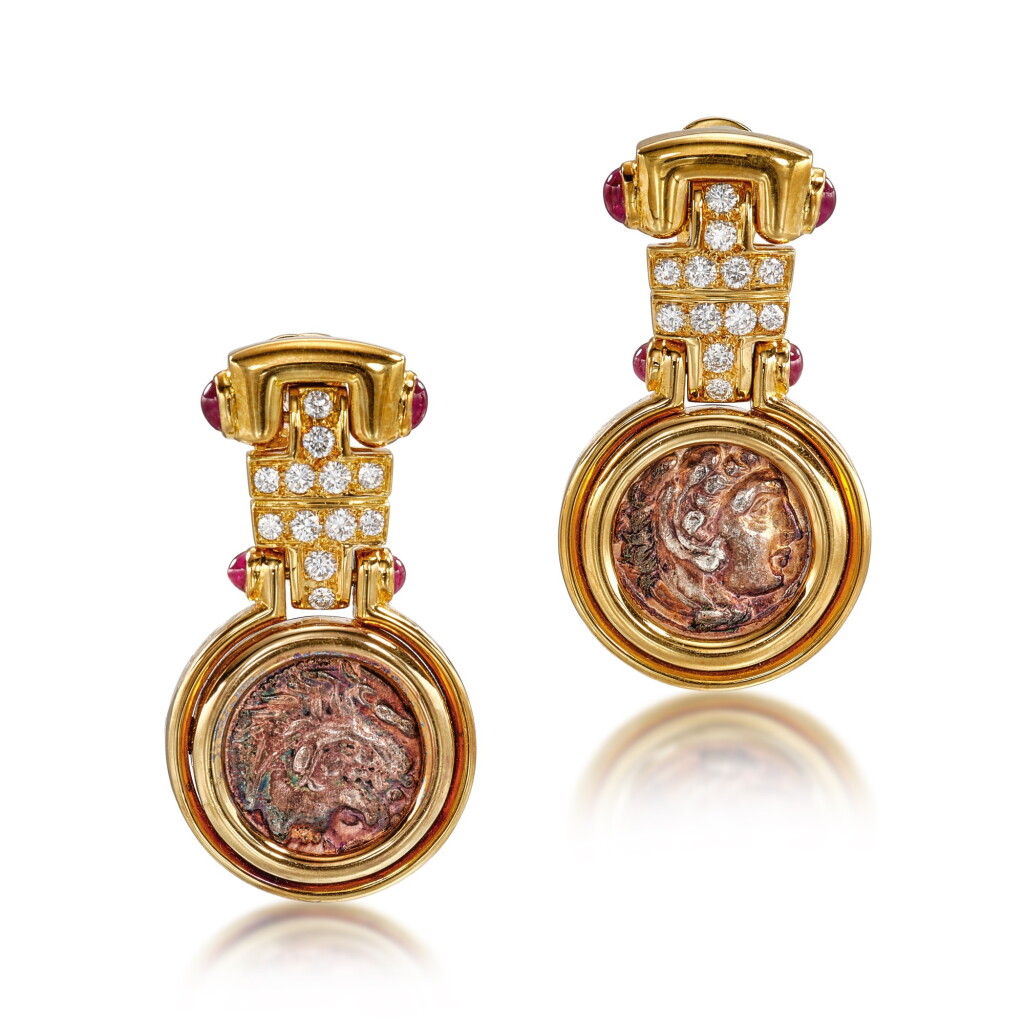 View full screen - View 1 of Lot 2934. 'Monete' Pair of Gold, Ancient Coin, Diamond and Ruby Pendent Earrings | 寶格麗 | 'Monete' K金 及 古錢幣 配 鑽石 及 紅寶石 耳墜一對.