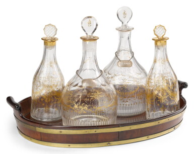 View full screen - View 1 of Lot 84. A GEORGE III MAHOGANY TRAY AND FOUR GLASS DECANTERS IN TWO SIZES, LATE 18TH/EARLY 19TH CENTURY.